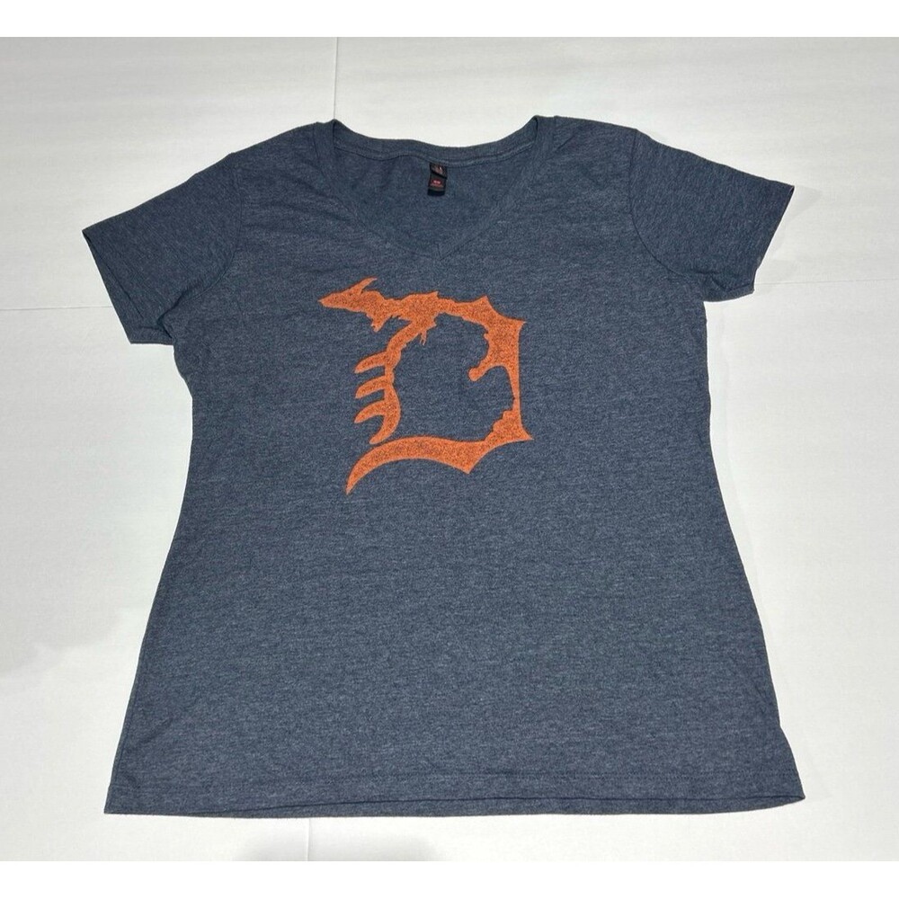 District Made Women's Large Navy Blue Heather T-Shirt - Orange Detroit Graphic